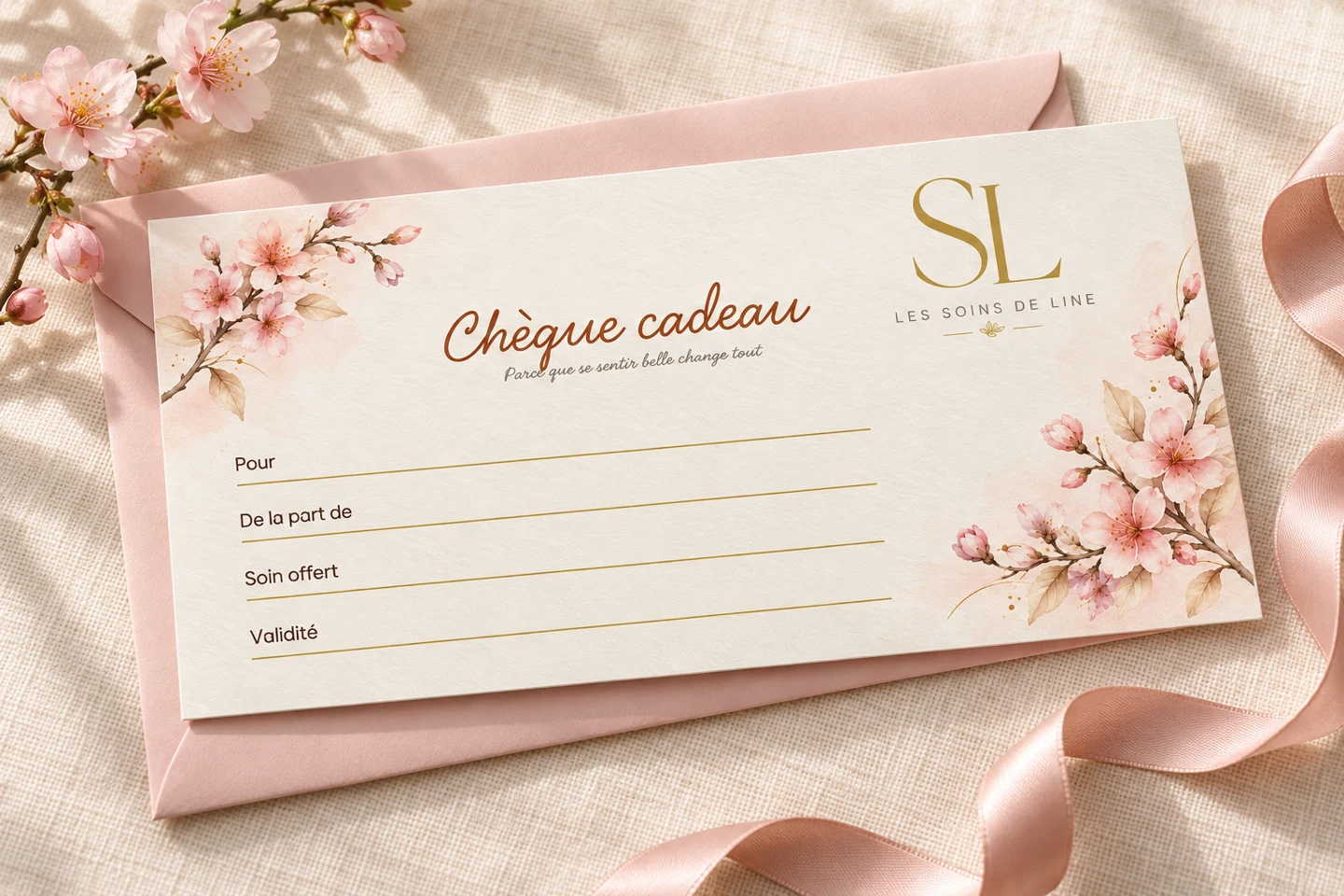 Chèque cadeau Les Soins de Line aux motifs floraux roses, posé sur une enveloppe rose.